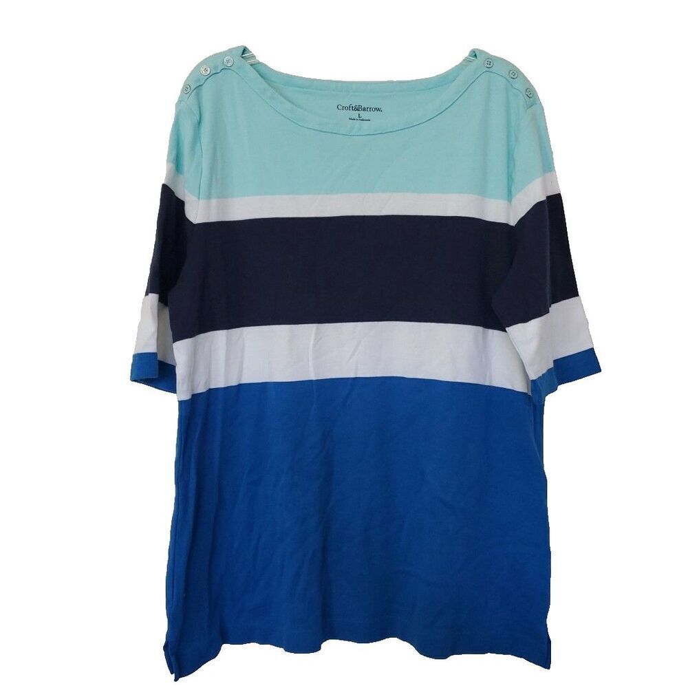Croft & Barrow Womens Blue Striped Boat Neck Button Shoulder Top Size L